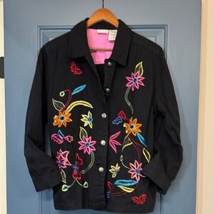 White Stag Black Embroidered Floral Butterfly Jacket Cotton Boho Size Large